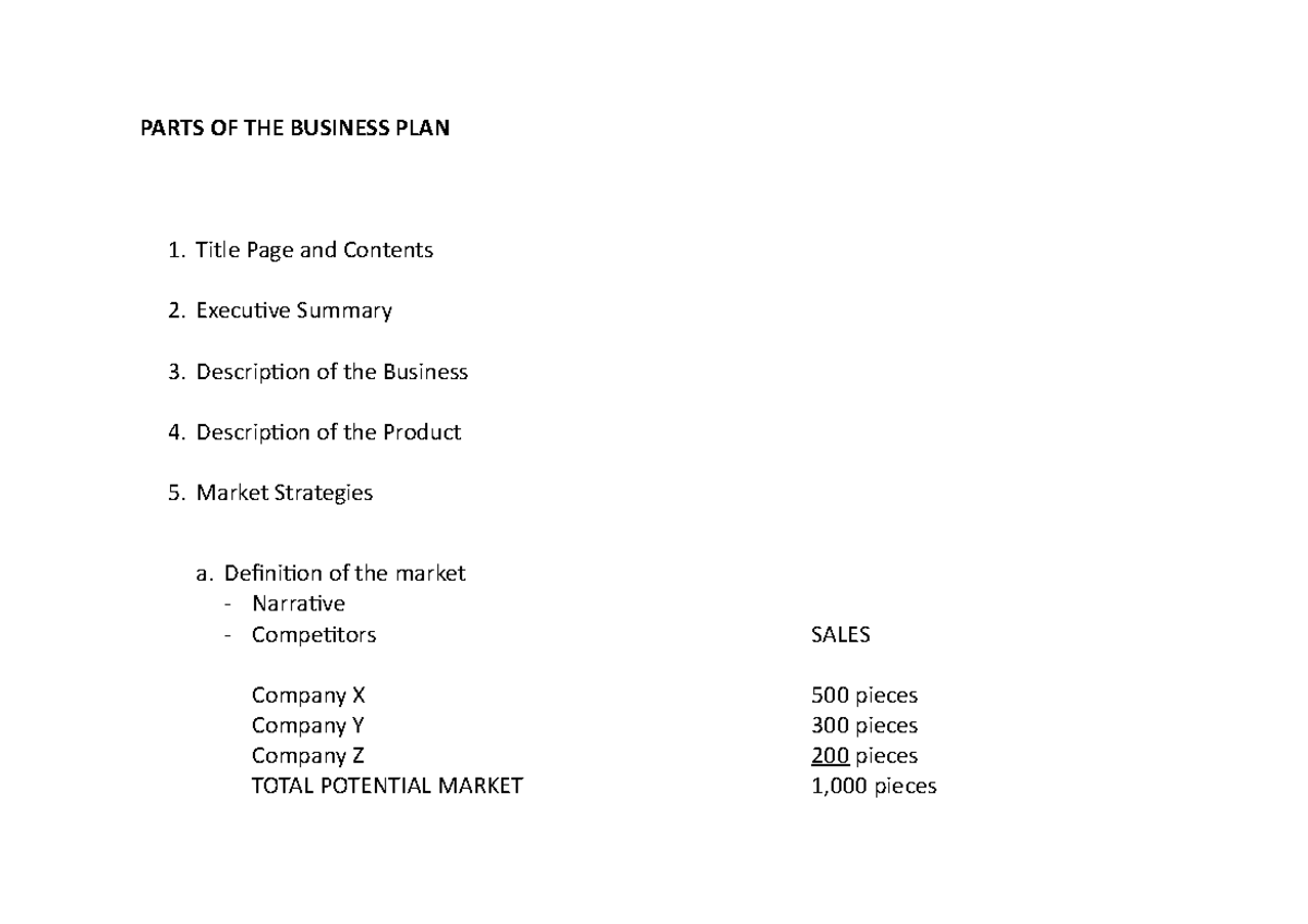 what are the basic parts of the business plan based on your reading materials