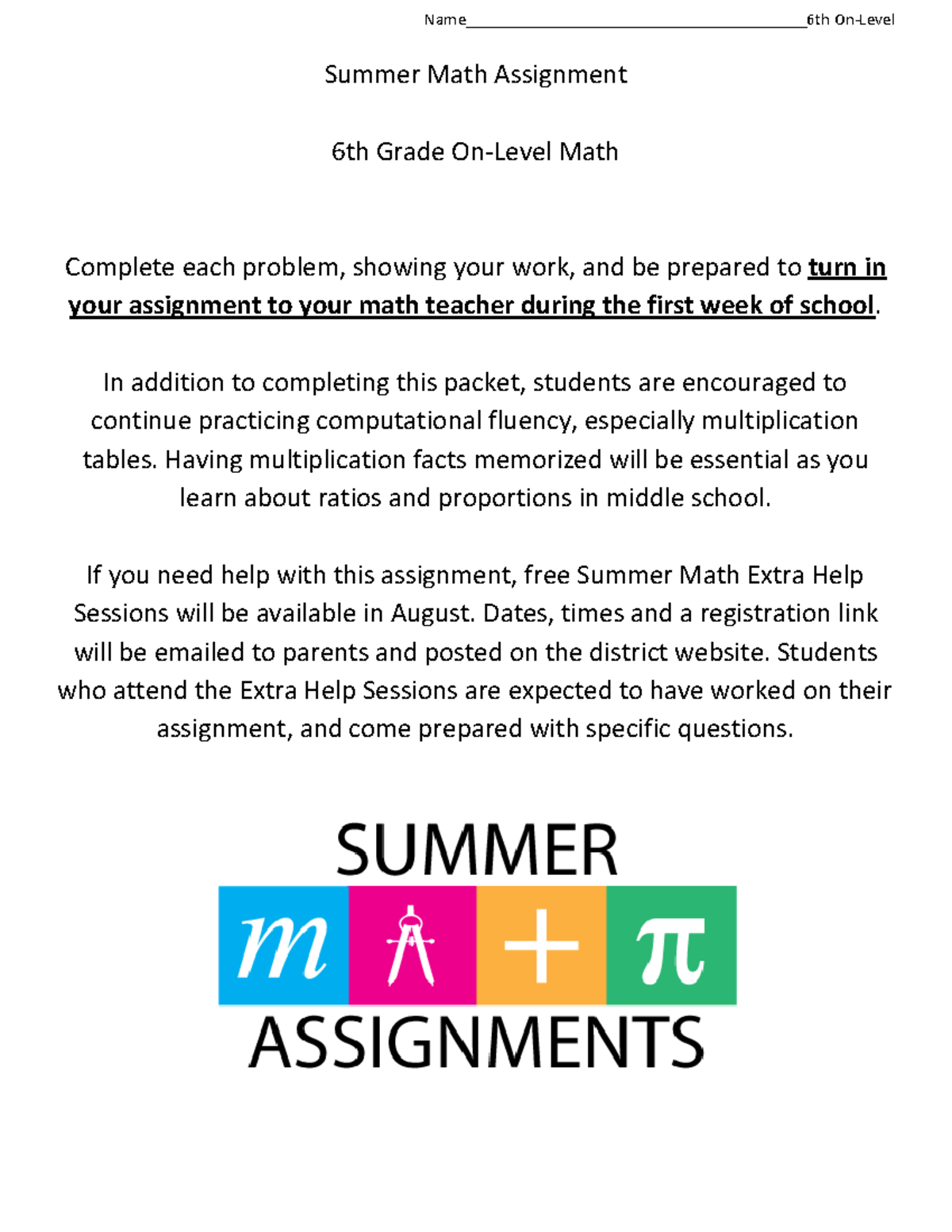 6th On-Level Summer Assignment 2018 - Name ...