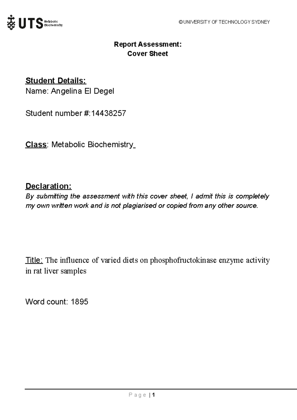 Metabolic biochem Paper final - Biochemistry © UNIVERSITY OF TECHNOLOGY ...