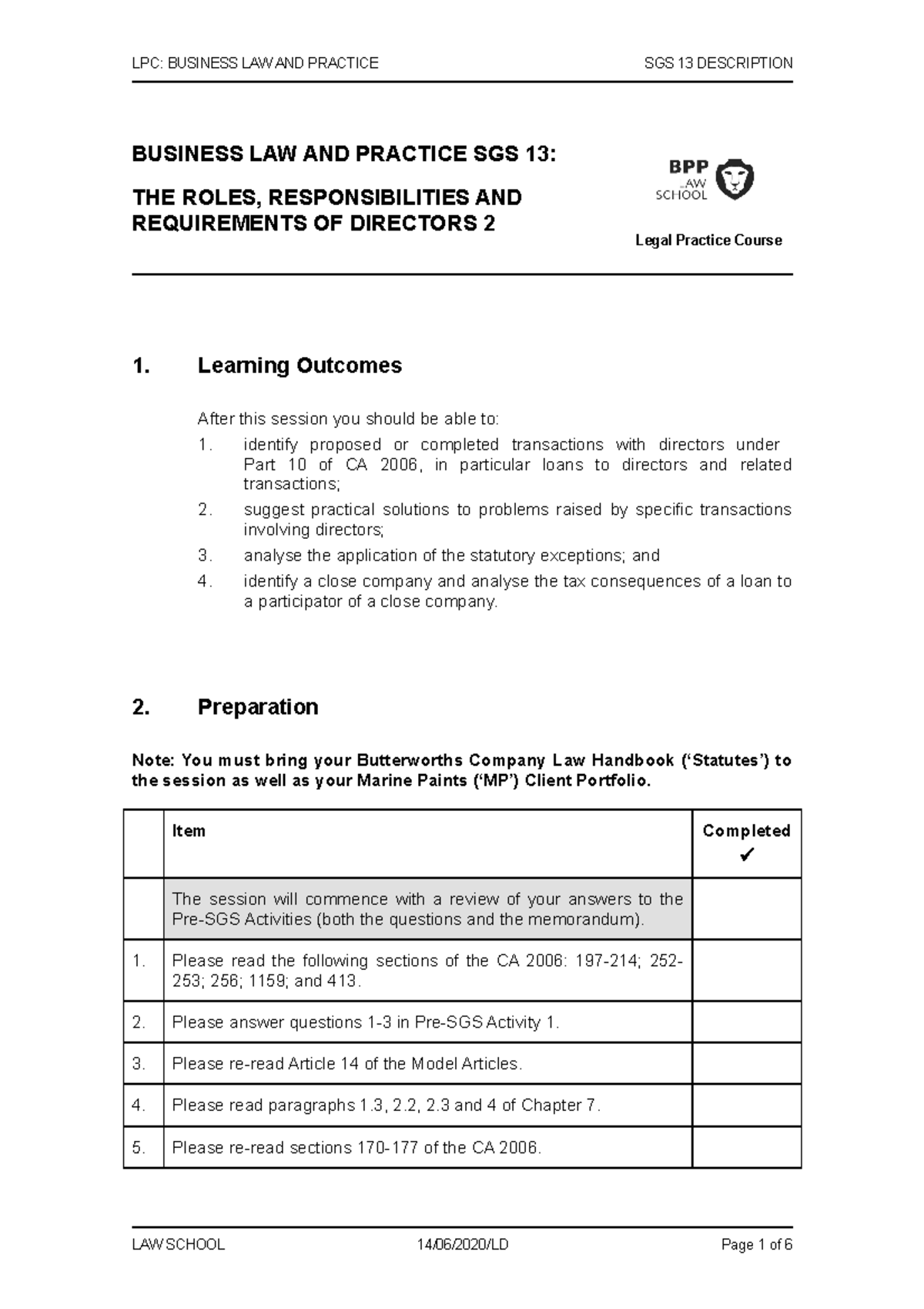 BLP SGS 13 Description 2021-22 - LPC: BUSINESS LAW AND PRACTICE SGS 13 ...