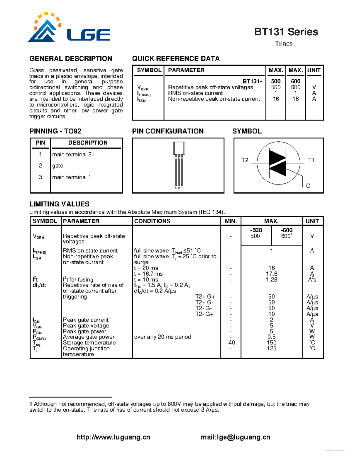 BT131 - Datasheet - GENERAL DESCRIPTION QUICK REFERENCE DATA Glass ...
