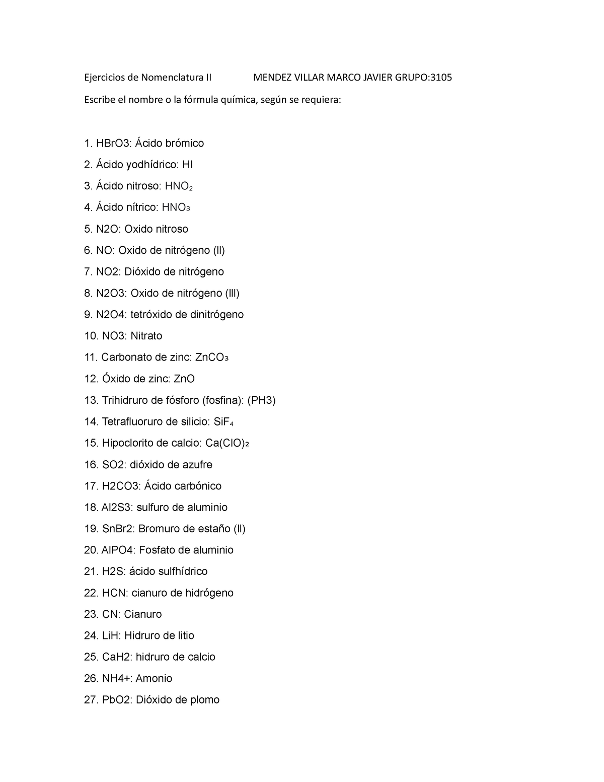 Tarea 8 Quimica - Informacion - Ejercicios De Nomenclatura II MENDEZ ...