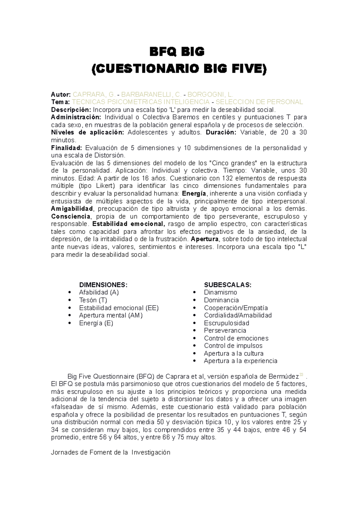 BFQ BIG - Manual - BFQ BIG (CUESTIONARIO BIG FIVE) Autor: CAPRARA, G ...