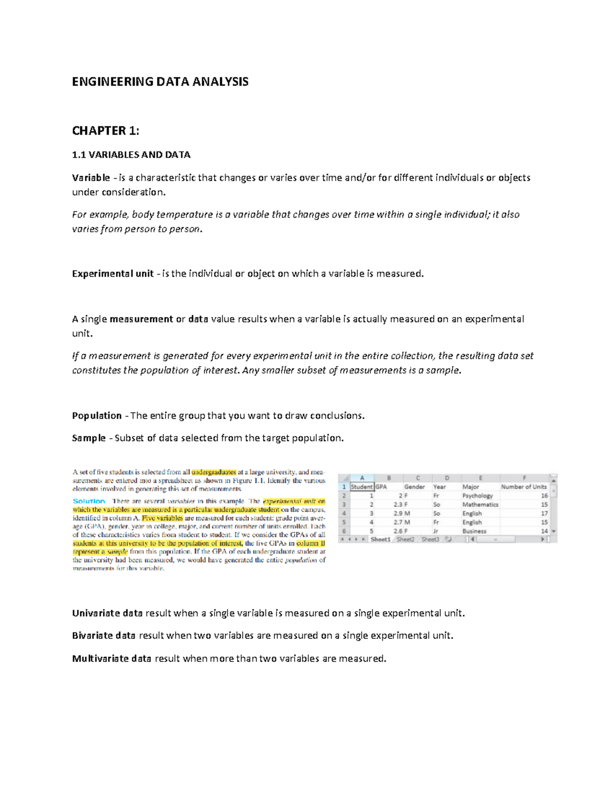 Engineering DATA Analysis Terms - ENGINEERING DATA ANALYSIS CHAPTER 1: ...
