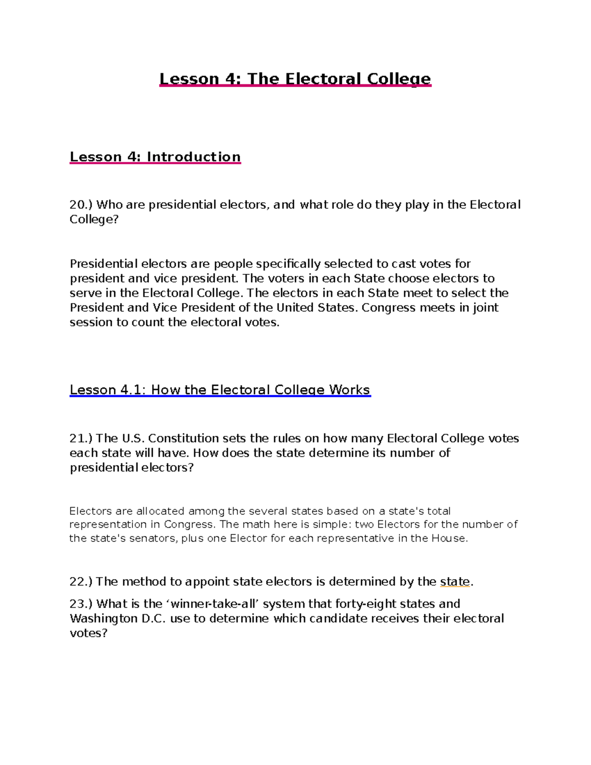 C963 Section 3 Lessons 4 Thru 7 - Lesson 4: The Electoral College ...