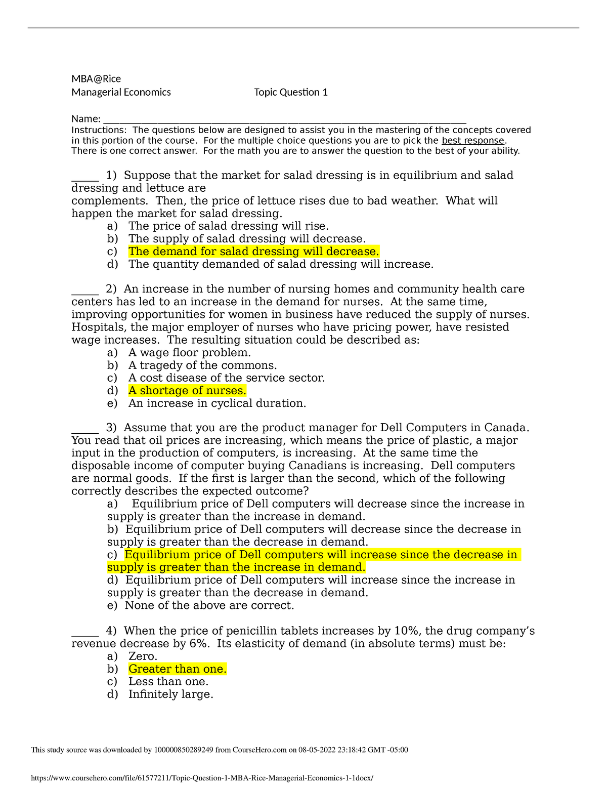 Topic Question 1 MBA Rice Managerial Economics 1 1 .docx - Managerial ...