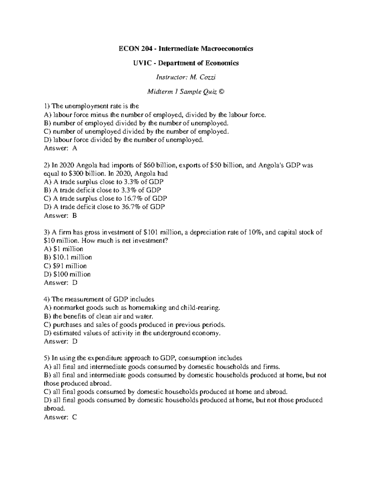 Practice Midterm 1 - ECON 204 - Intermediate Macroeconomics UVIC ...