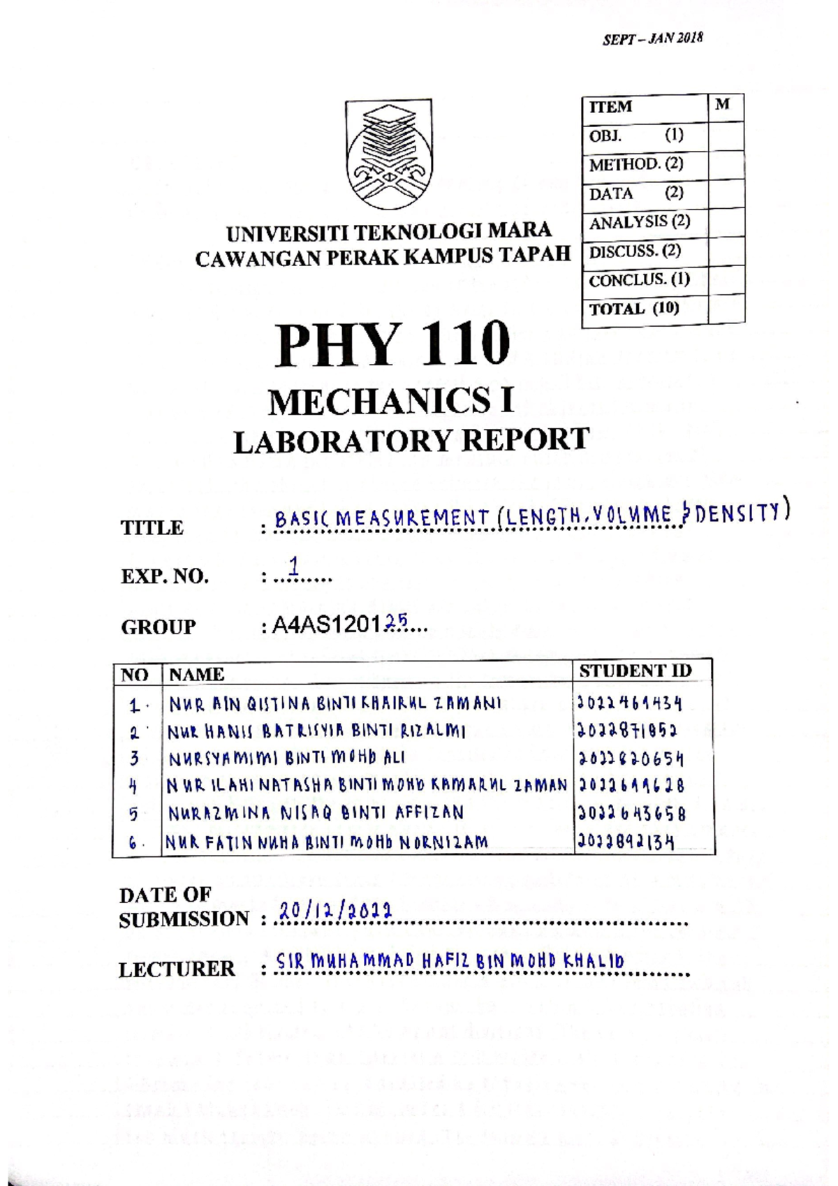 Experiment 1 Phy110 - Applied Sciences - Studocu