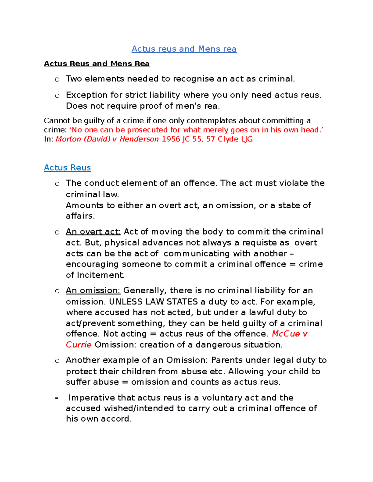 LAWU9CR lecture 2 Actus reus and Mens rea - Actus reus and Mens rea ...