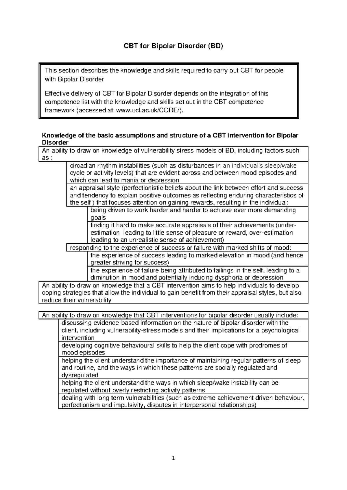 CBT for Bipolar Disorder ac/CORE/). ENGAGEMENT An ability, throughout the intervention, to use