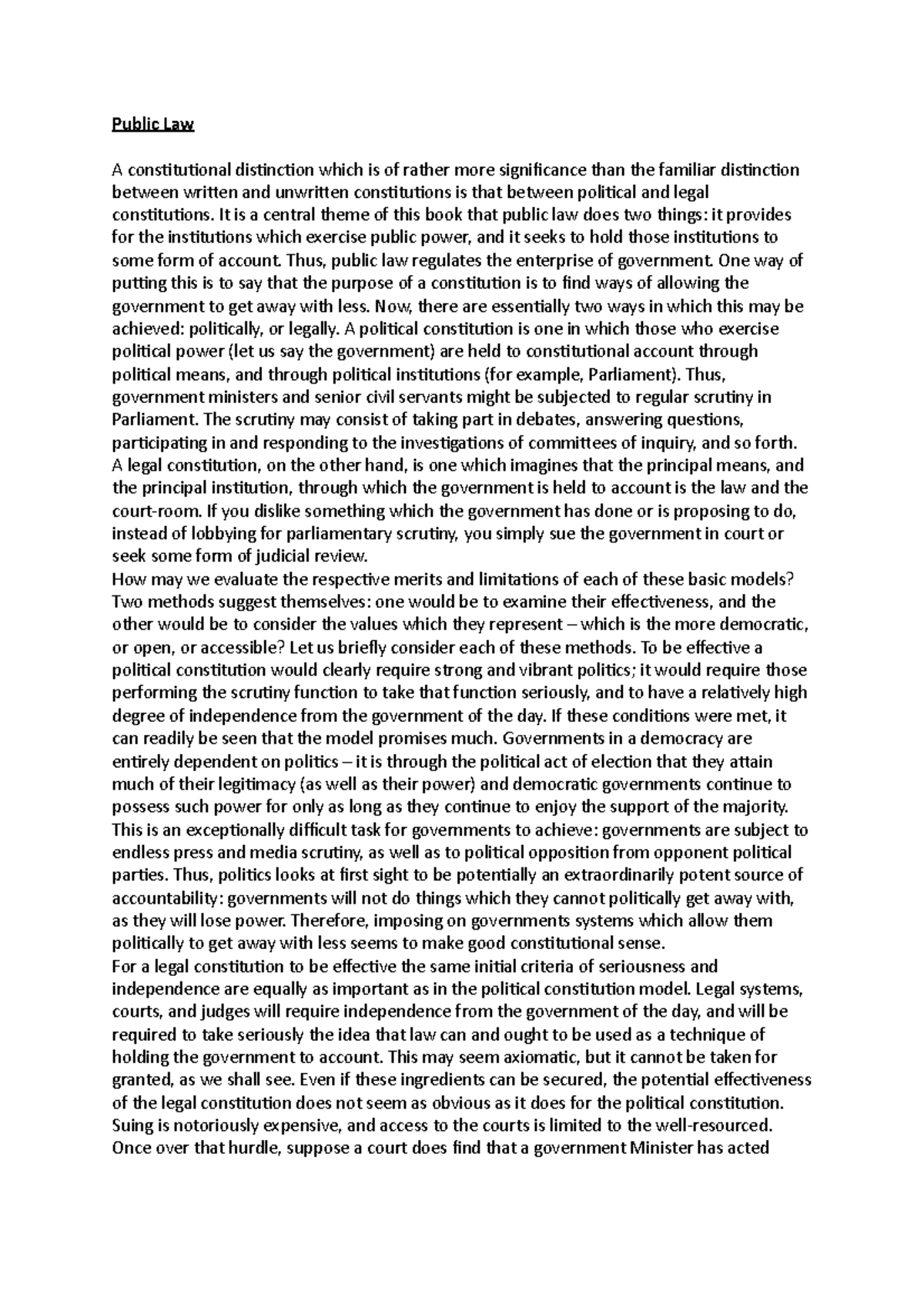 Public Law - Lecture notes 4 - Public Law A constitutional distinction ...