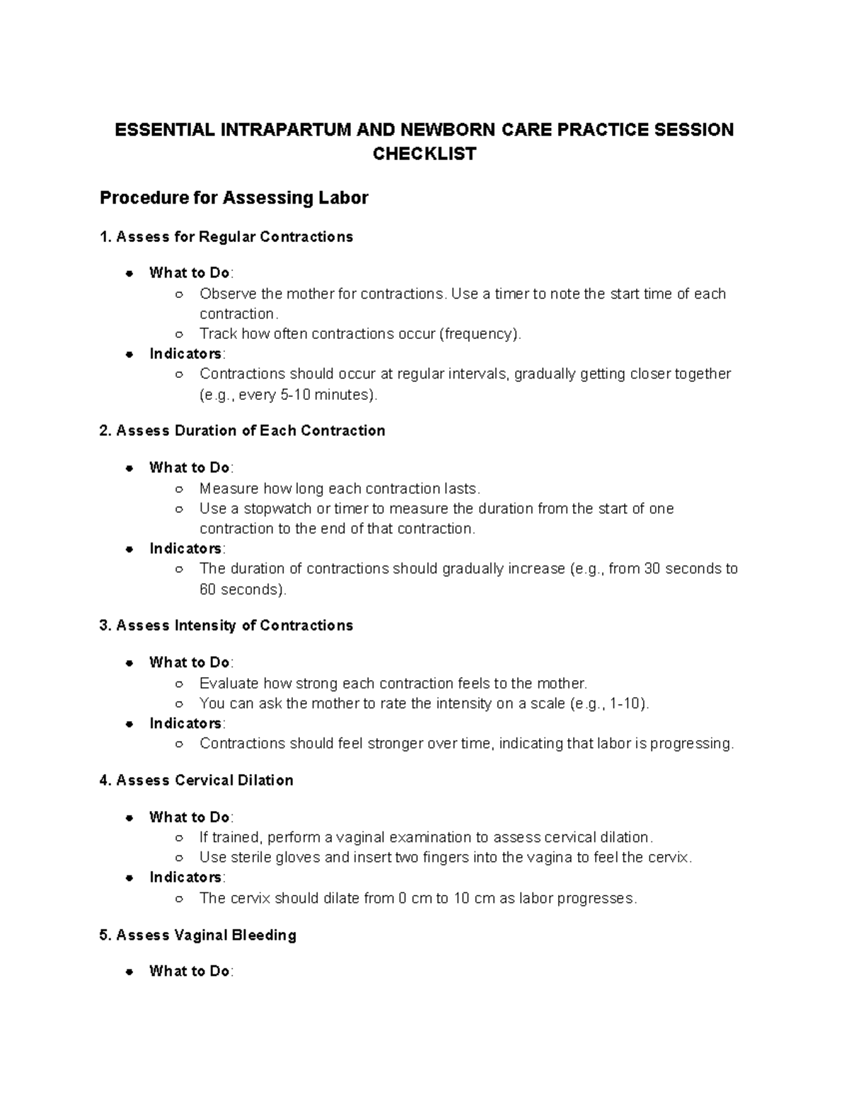 Essential Intrapartum AND Newborn CARE Practice Session Checklist ...
