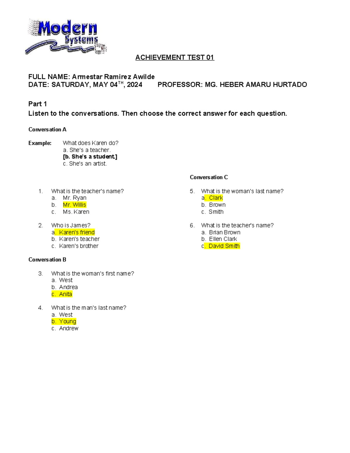 Achievement TEST 01 - Modern System 2024 - ACHIEVEMENT TEST 01 FULL ...