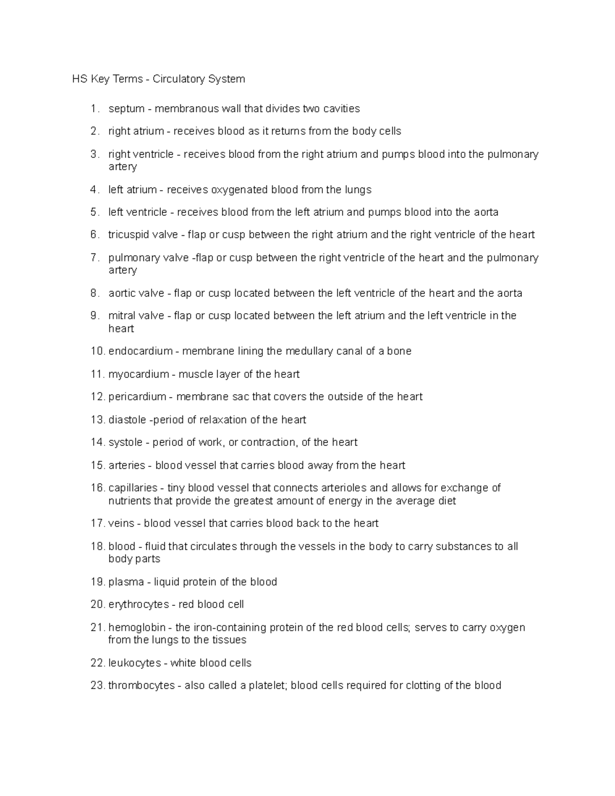 HS Key Terms - Circulatory System - HS Key Terms - Circulatory System ...