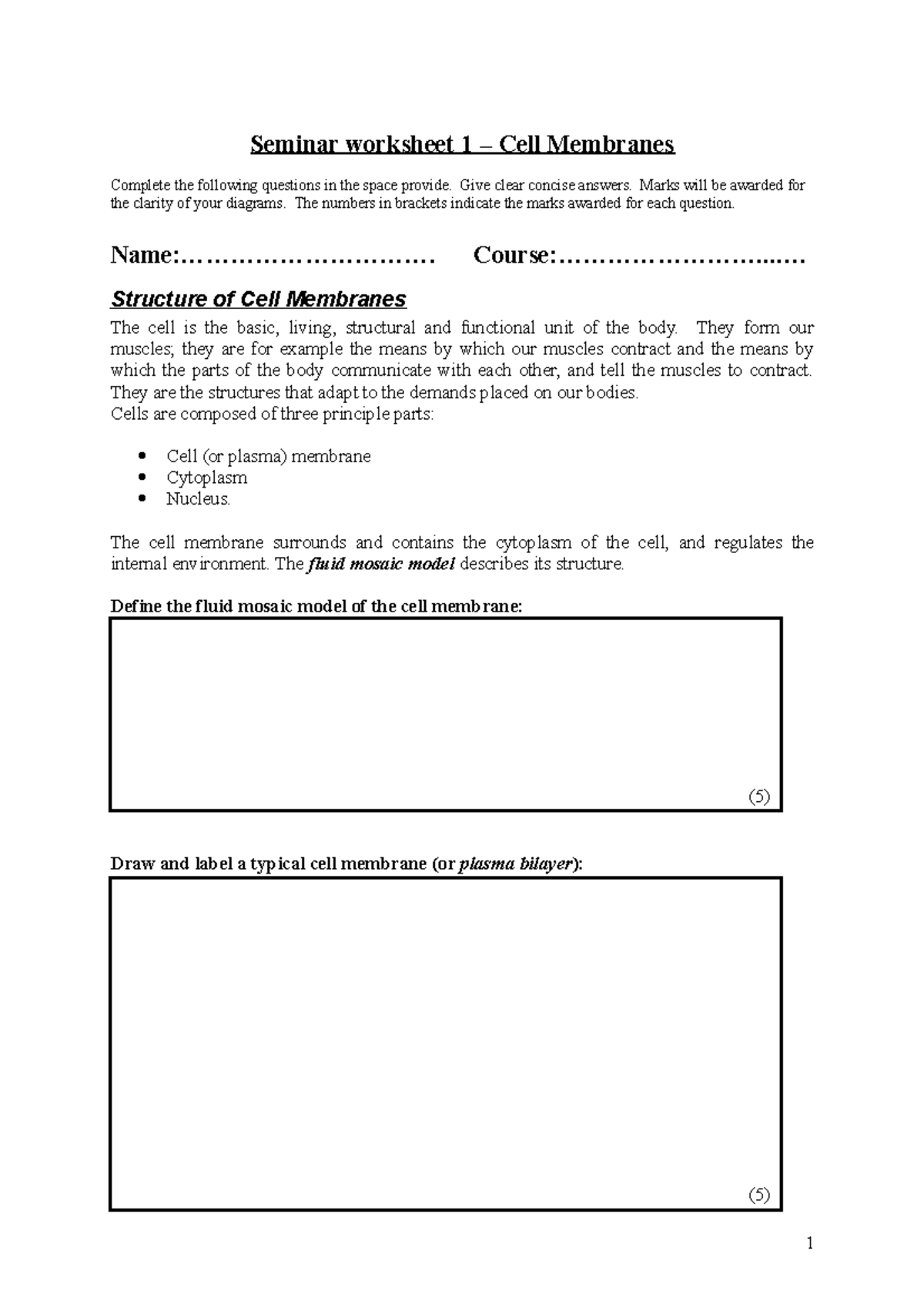 Seminar Worksheet 1 Cell Membranes Seminar Worksheet 1 Cell