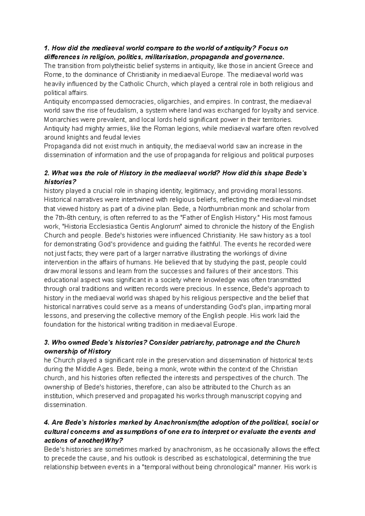HEXT - bede notes - How did the mediaeval world compare to the world of ...