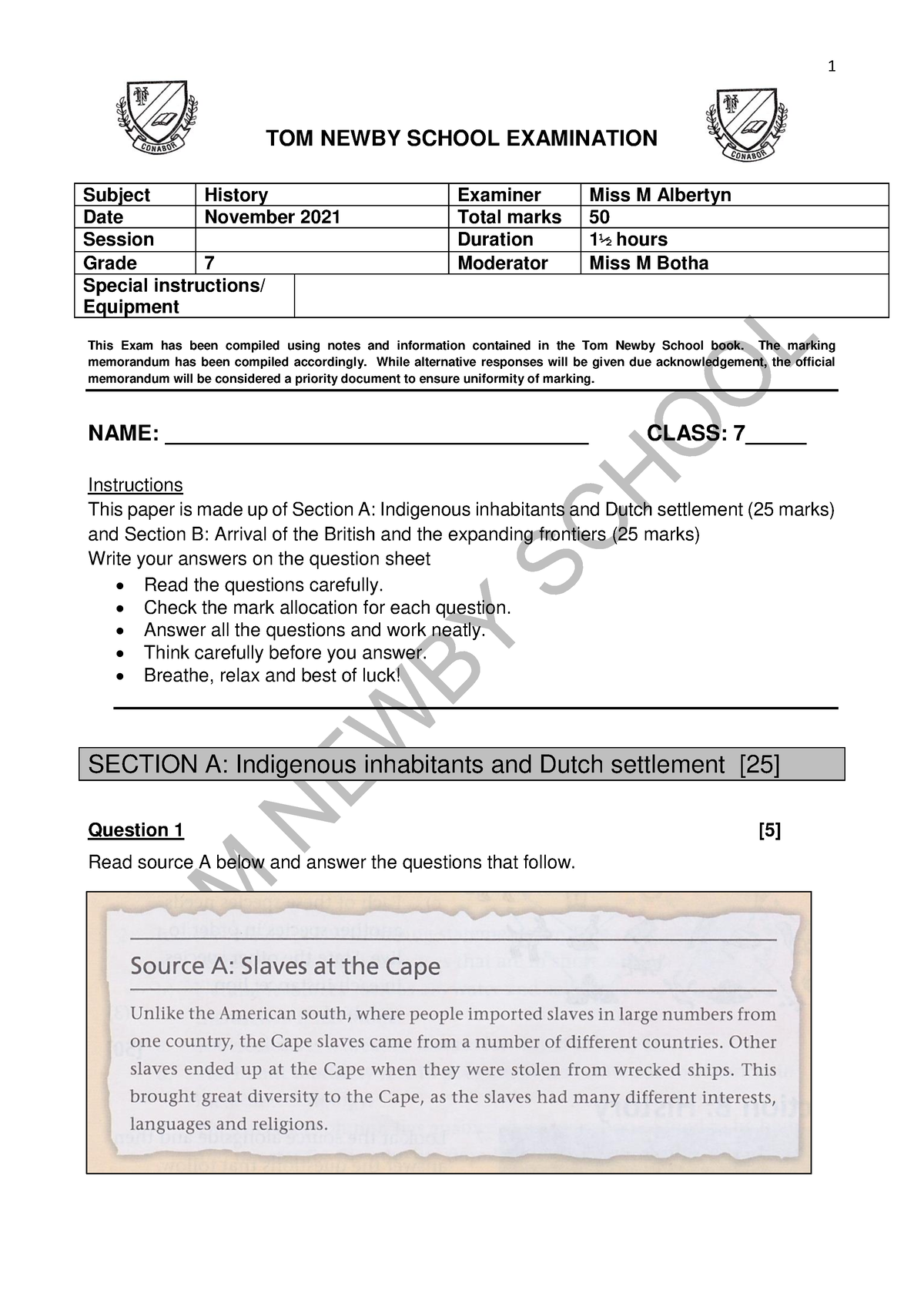 Grade 7 History Exam November 2021 - TOM NEWBY SCHOOL EXAMINATION ...