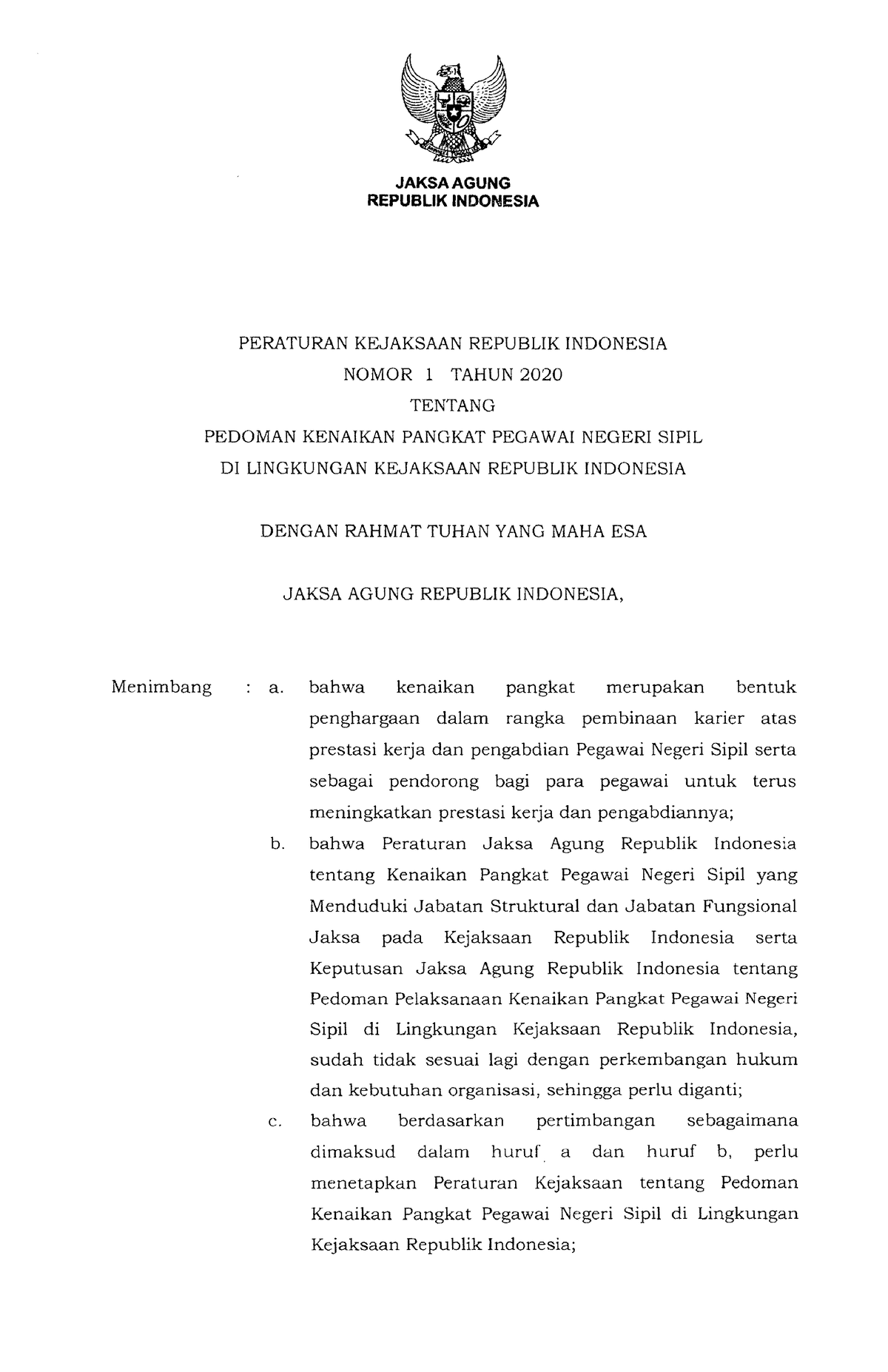 Peraturan Kejaksaan Nomor 1 Tahun 2020 - JAKSAAGUNG REPUBLIK INDONESIA ...