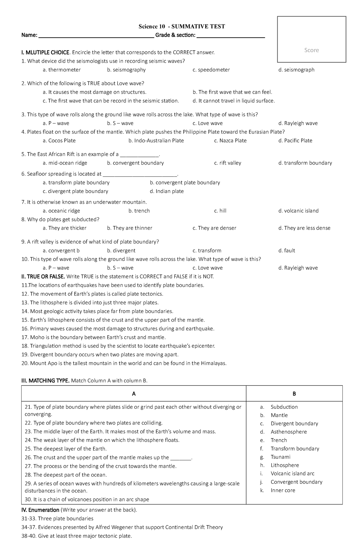 Science Summative Test Science 10 Summative Test Name