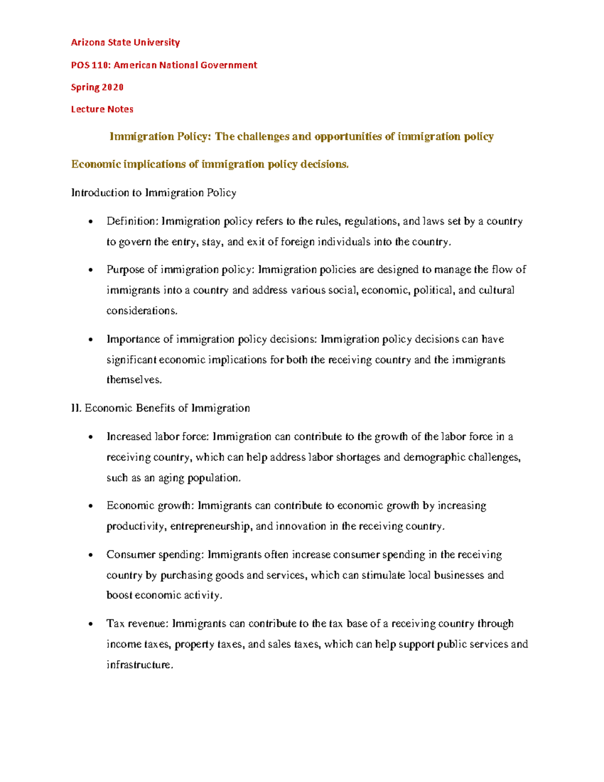 POS 110 Lecture Notes 19 Immigration Policy - POS 110: American ...