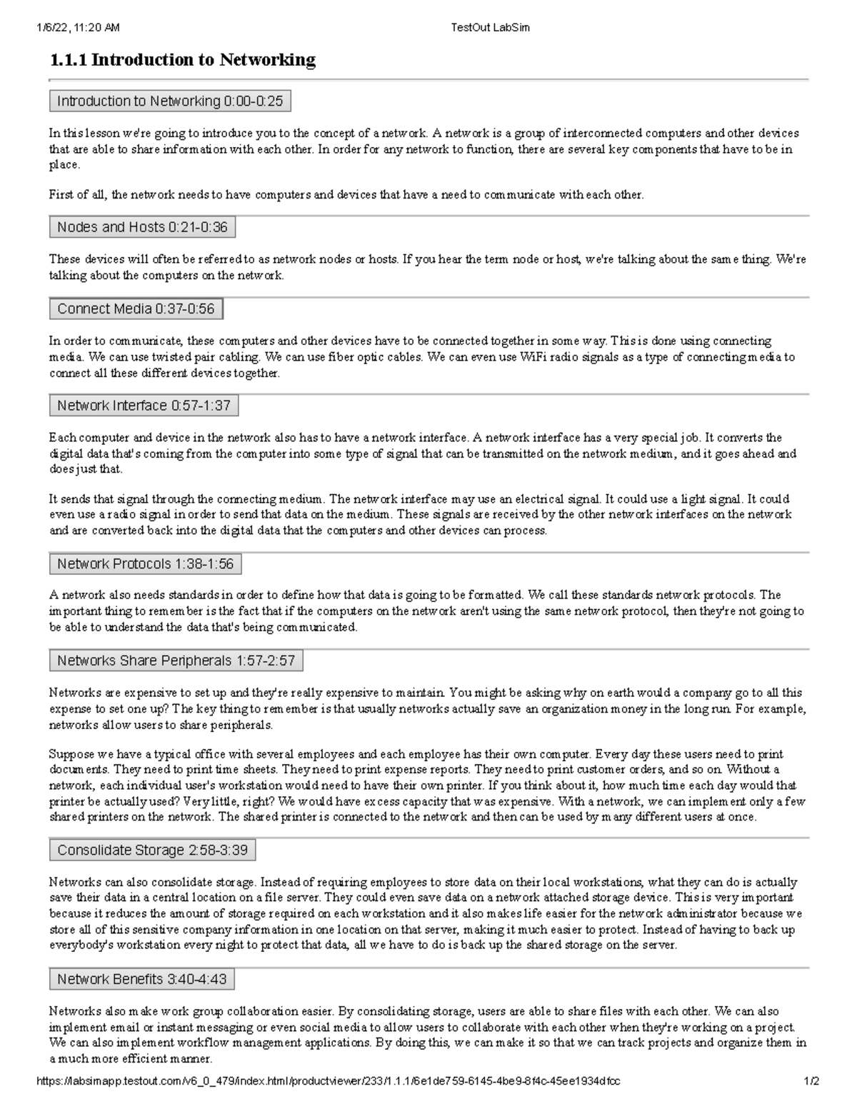 1.1.1 Introduction to Networking - 1/6/22, 11:20 AM TestOut LabSim ...