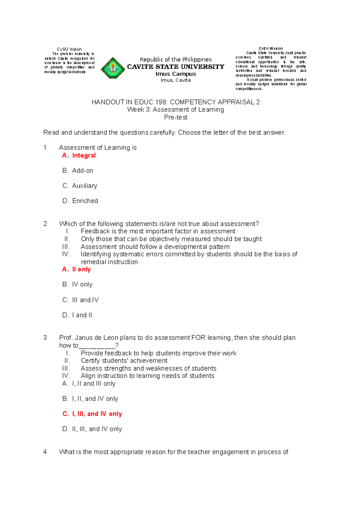 Assessment OF Learning CAVITE STATE UNIVERSITYRepublic Of The 