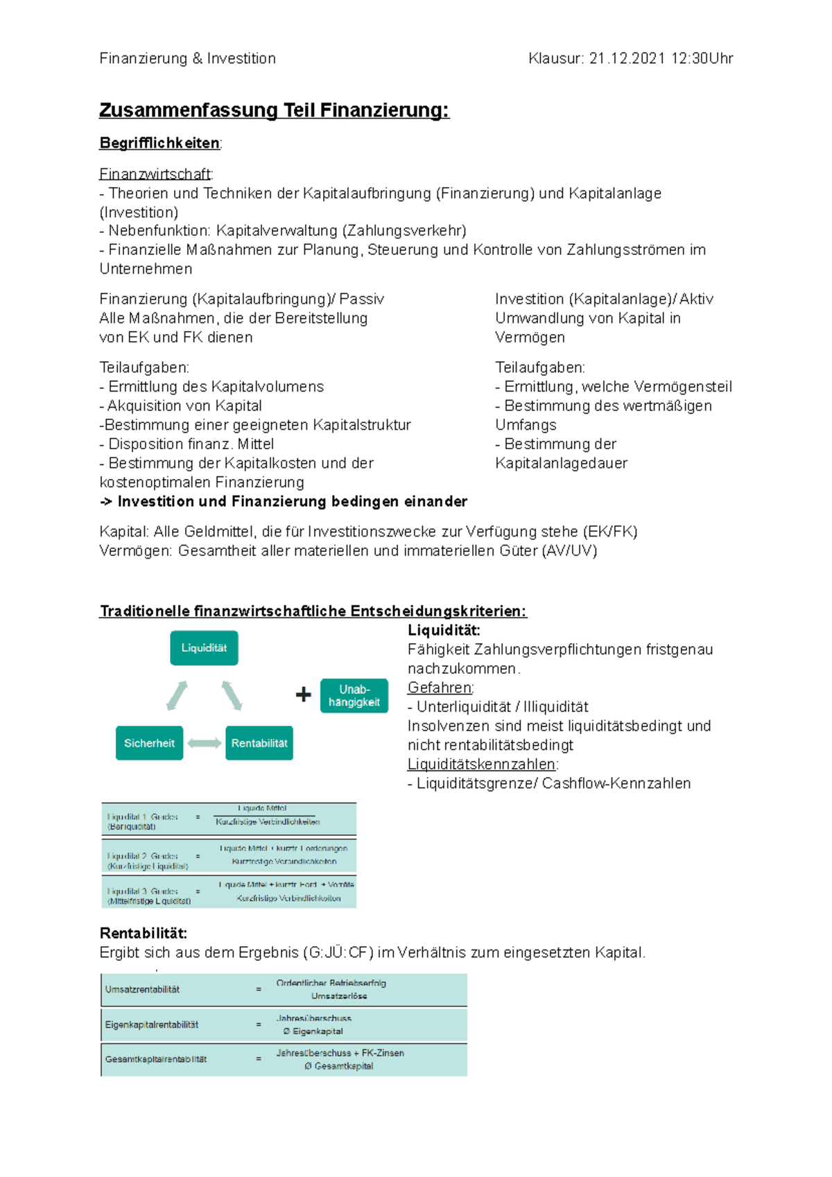 Zusammenfassung Investition & Finanzierung - Zusammenfassung Teil ...