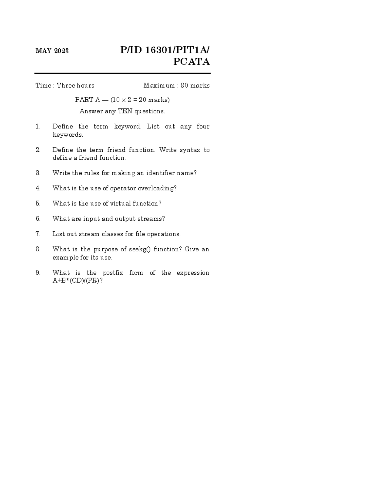 C++ Question paper - JUN-2023 PIT1A - MAY 2023 P/ID 16301/PIT1A/ PCATA ...