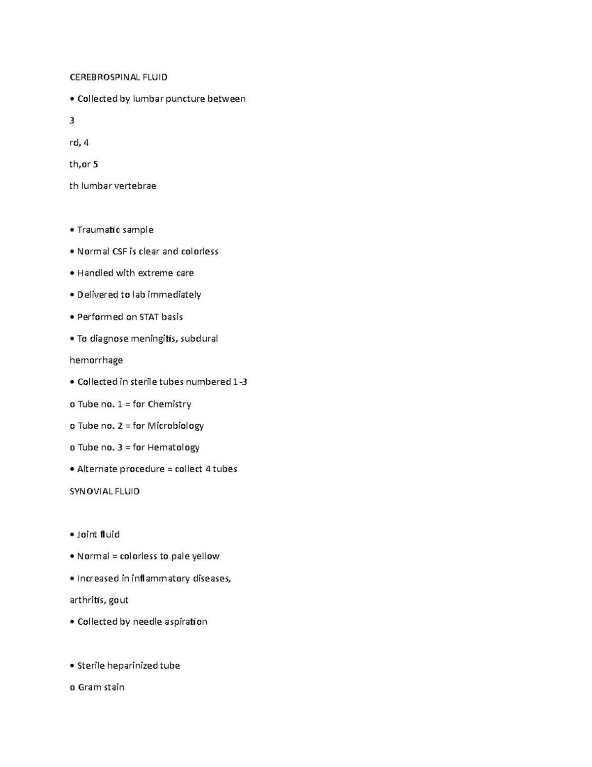 Cerebrospinal Fluid CEREBROSPINAL FLUID Collected by lumbar puncture
