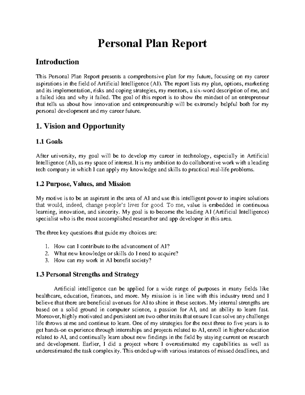 Personal Plan Report - The report lists my plan, options, marketing and ...