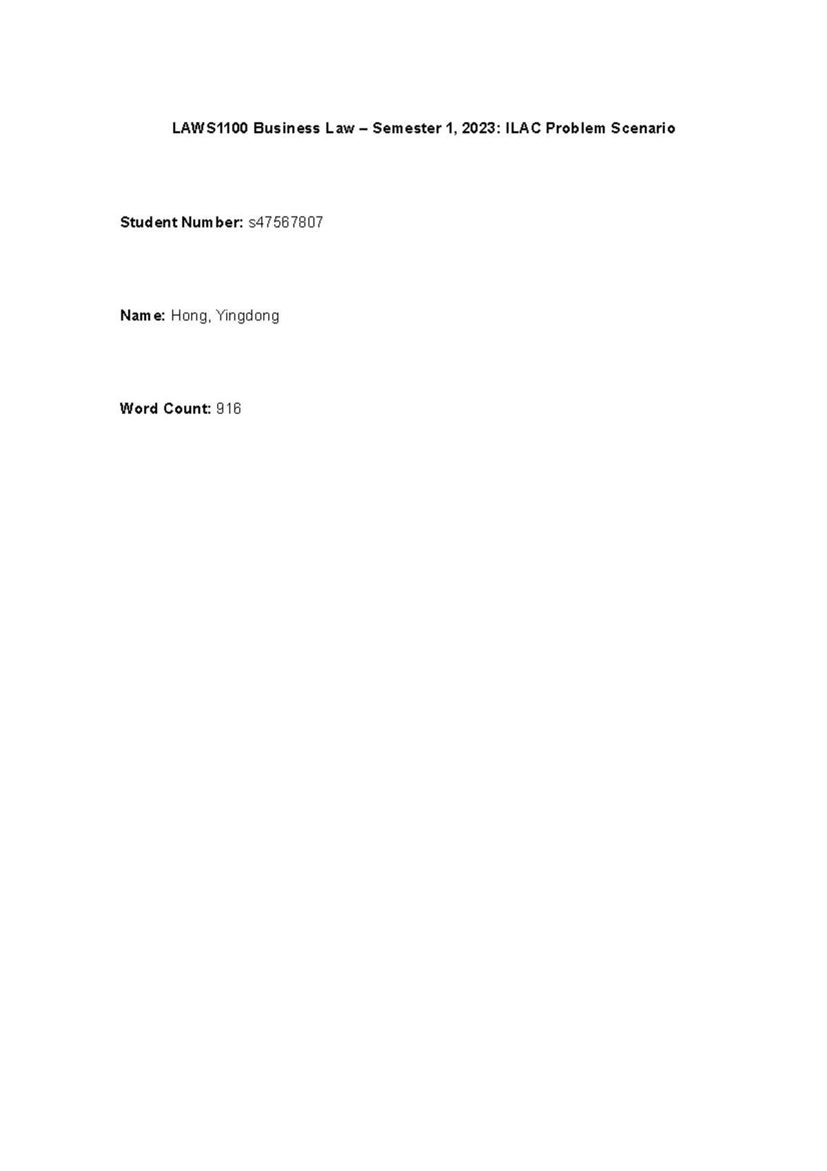 Hong Yingdong Problem Scenario Exercise - Part 1 - LAWS1100 Business ...