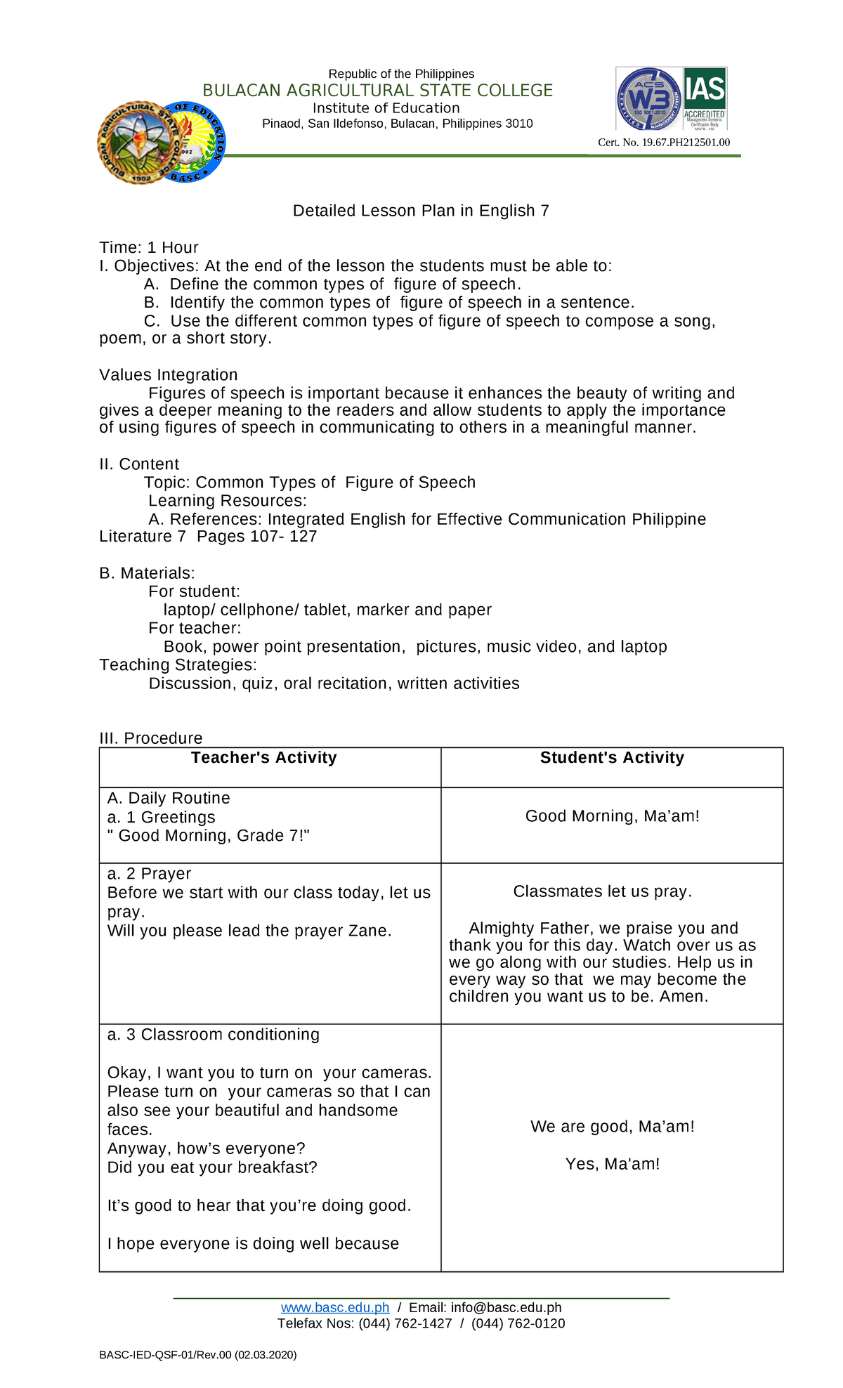 Detailed Lesson Plan in English 7 Types OF Figure OF Speech - Cert. No ...