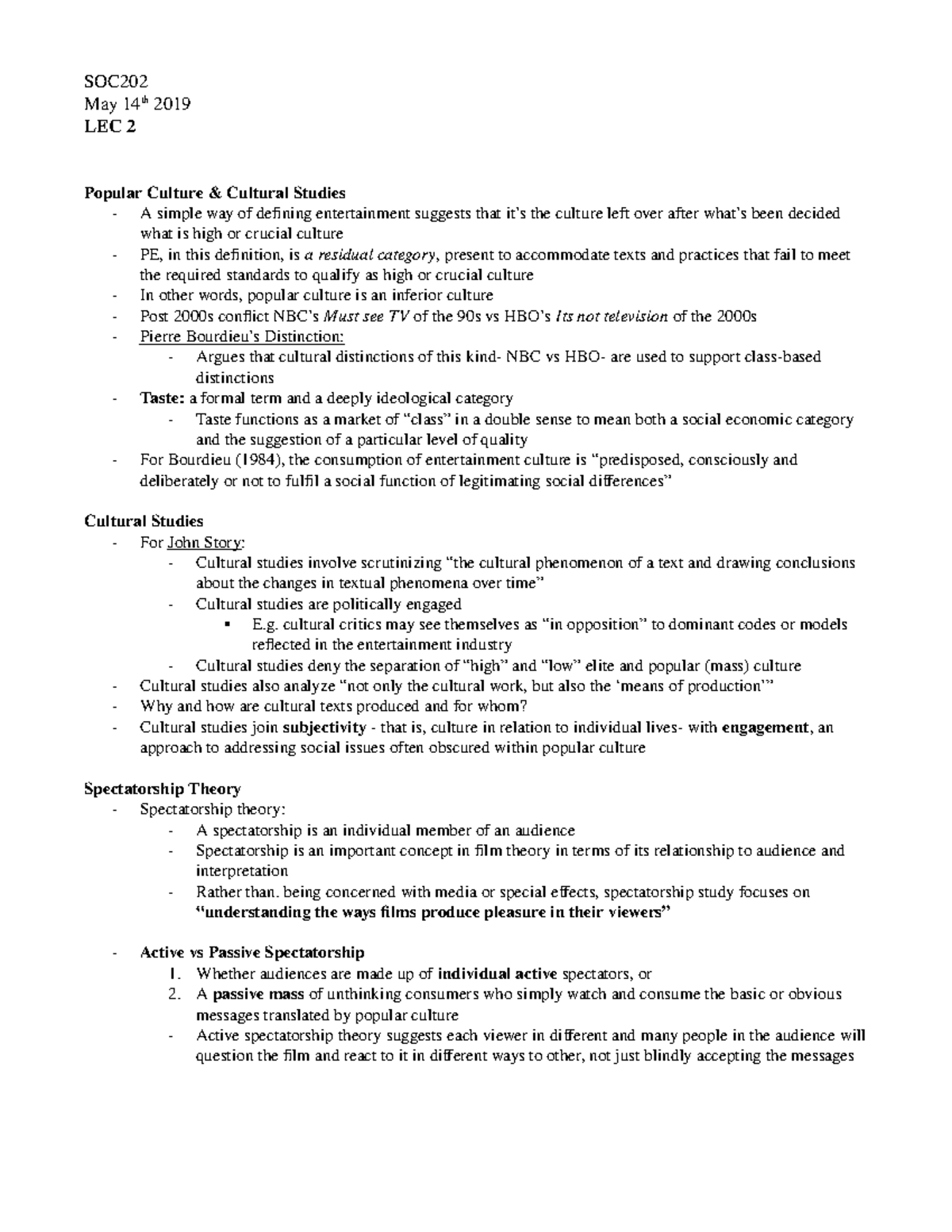 Lec 2 - SOC May 14th 2019 LEC 2 Popular Culture & Cultural Studies - A ...