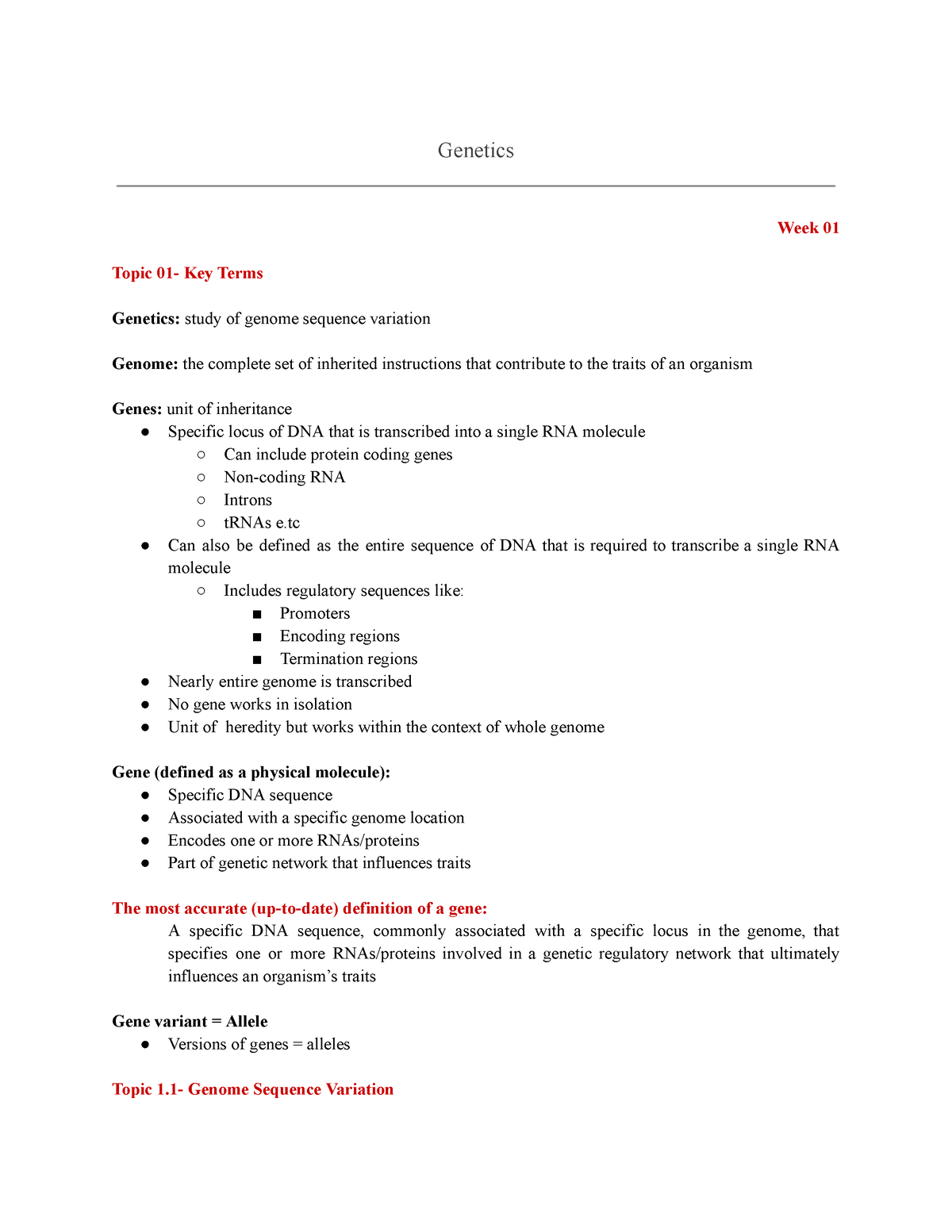 Genetics 2581 - Topic 1 - Genetics Week 01 Topic 01- Key Terms Genetics ...