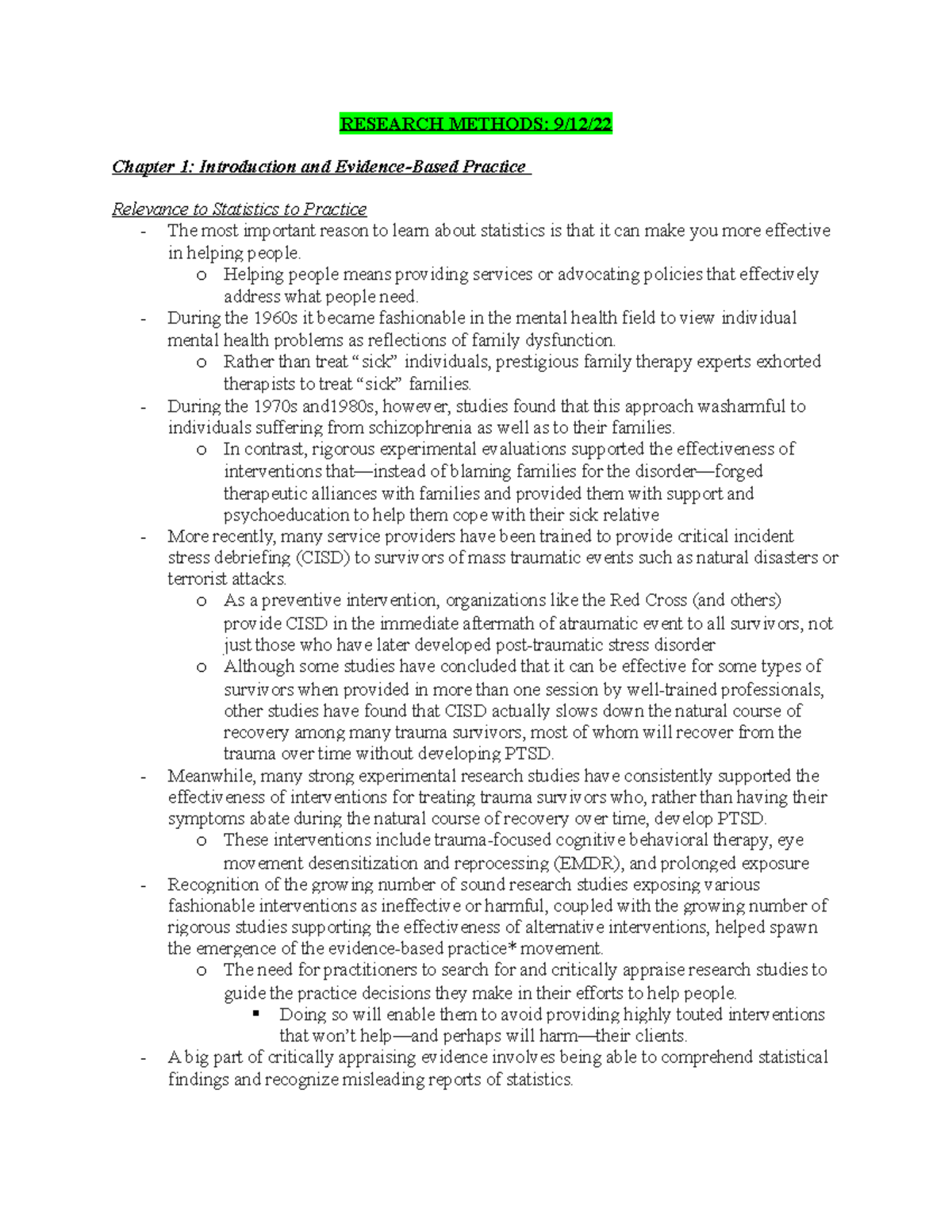 Research Methods Start To Midterm - RESEARCH METHODS: 9/12/ Chapter 1 ...