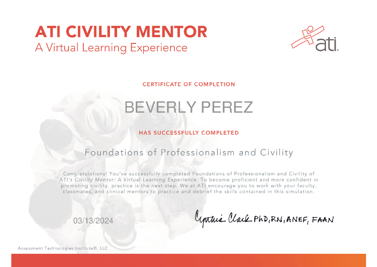 Certificate Of Completion 169 beverlyperez - ATI CIVILITY MENTOR A ...