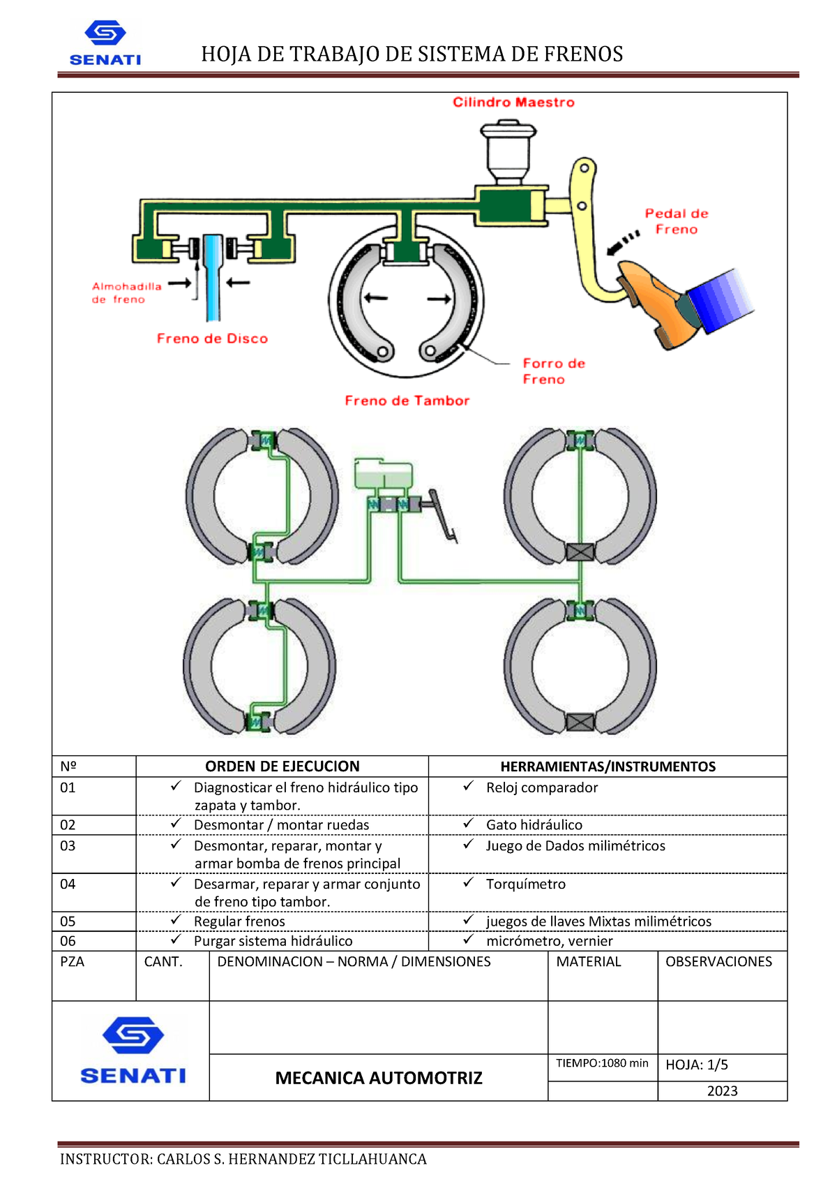 Hoja Ded Trabajo Sistema De Frenos Hidraulicos N Orden De Ejecucion