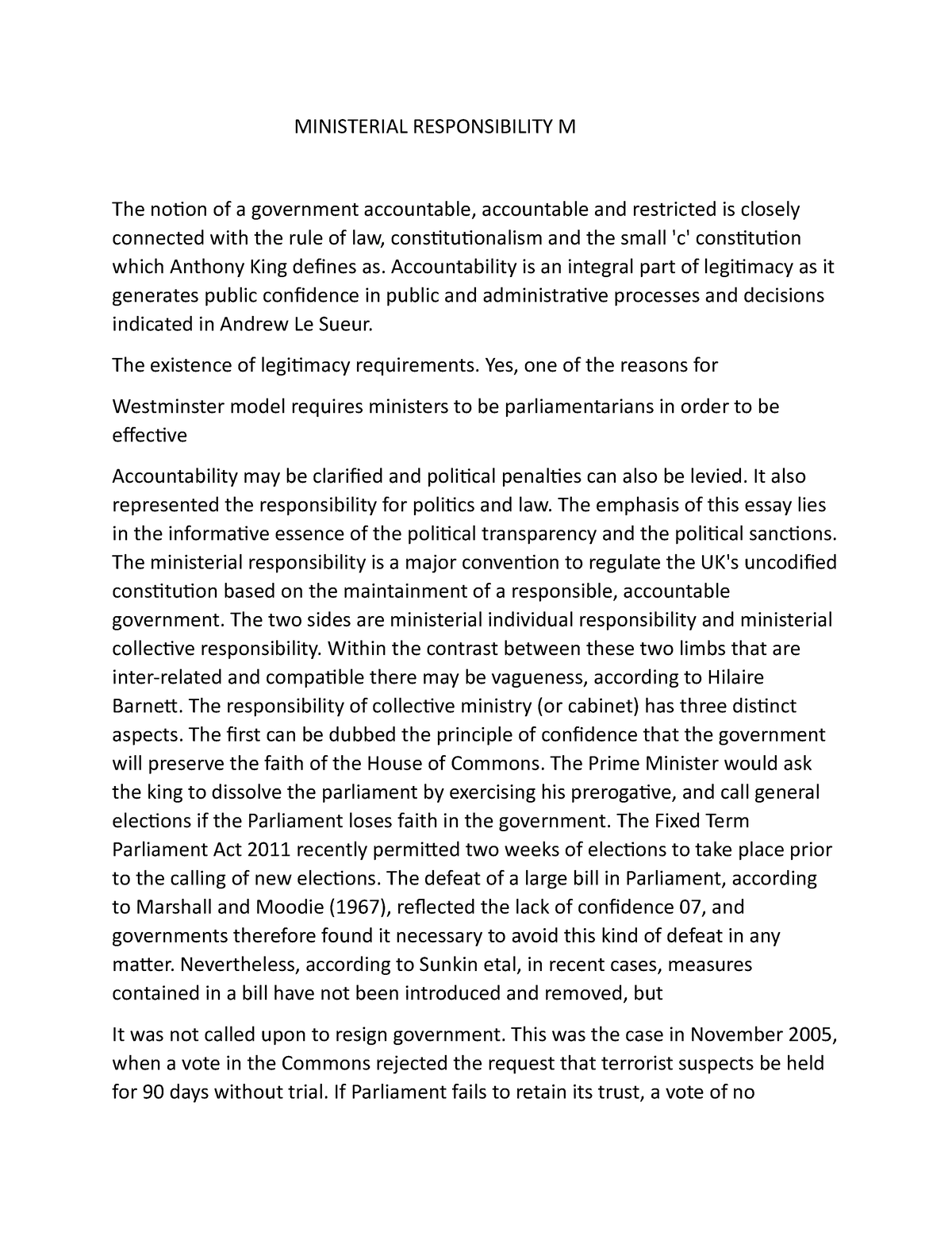 a level politics ministerial responsibility essay