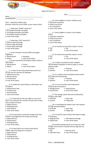 Answer KEY for ICT12 - Test - TEST I – MULITIPLE CHOICE 1. A 2. C 3. B ...