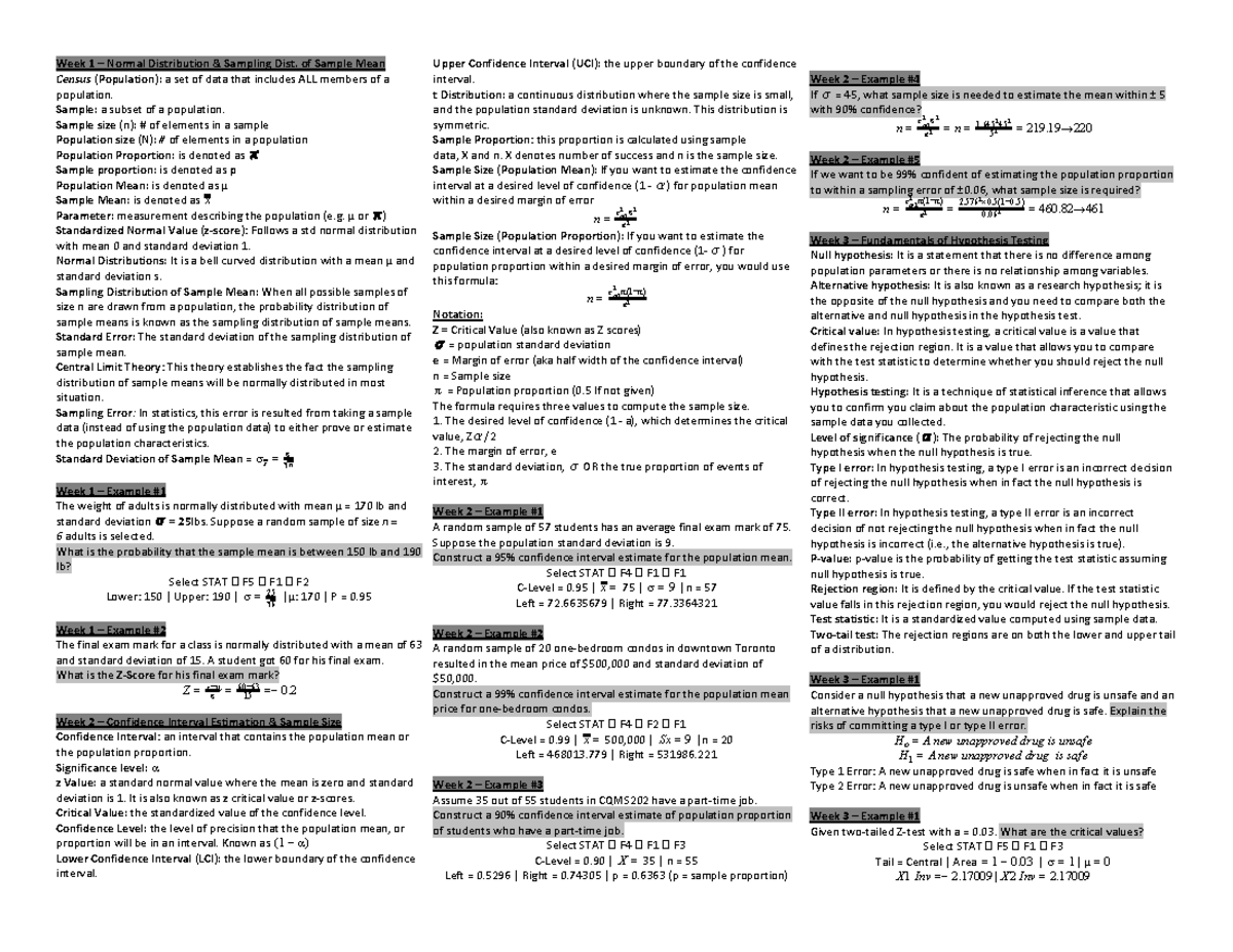 cqms-202-final-exam-sheet-week-1-normal-distribution-sampling-dist