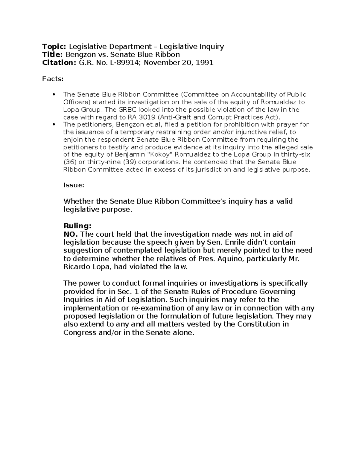 Bengzon vs. Senate Blue Ribbon - Topic: Legislative Department ...