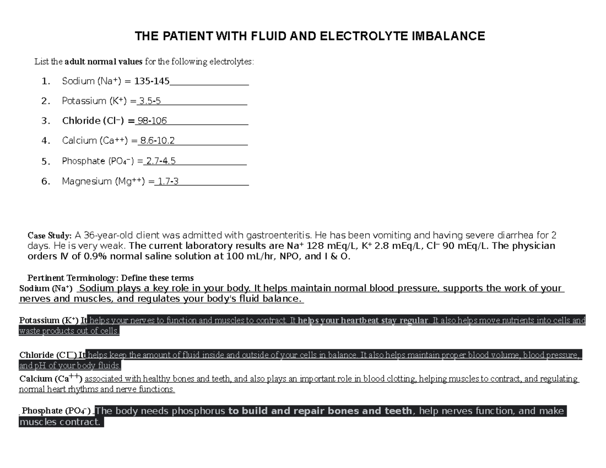 electrolyte balance case study with answers