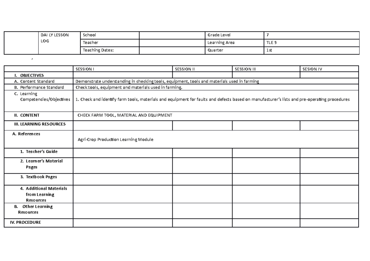 Q1-W1-TLE 9 - GUIDE - DAI LY LESSON LOG School Grade Level 7 Teacher ...