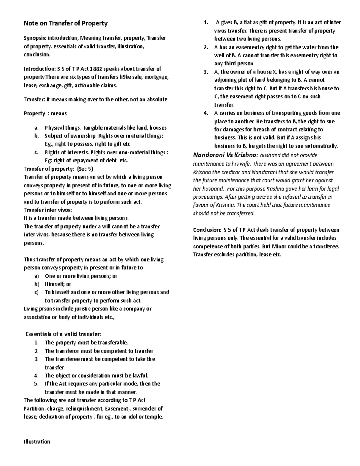 S 5 note on T P - Revision notes for Property law - Note on Transfer of ...