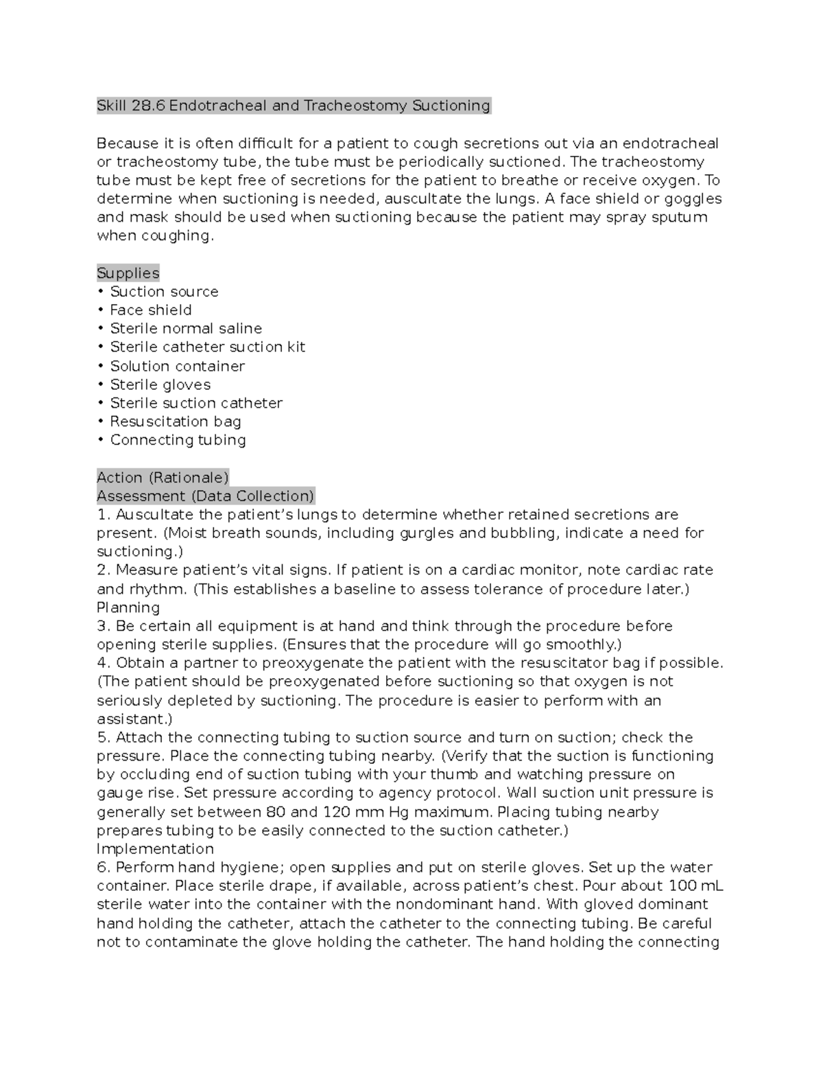 Trachsuctioning Skill Skill 28 Endotracheal and Tracheostomy