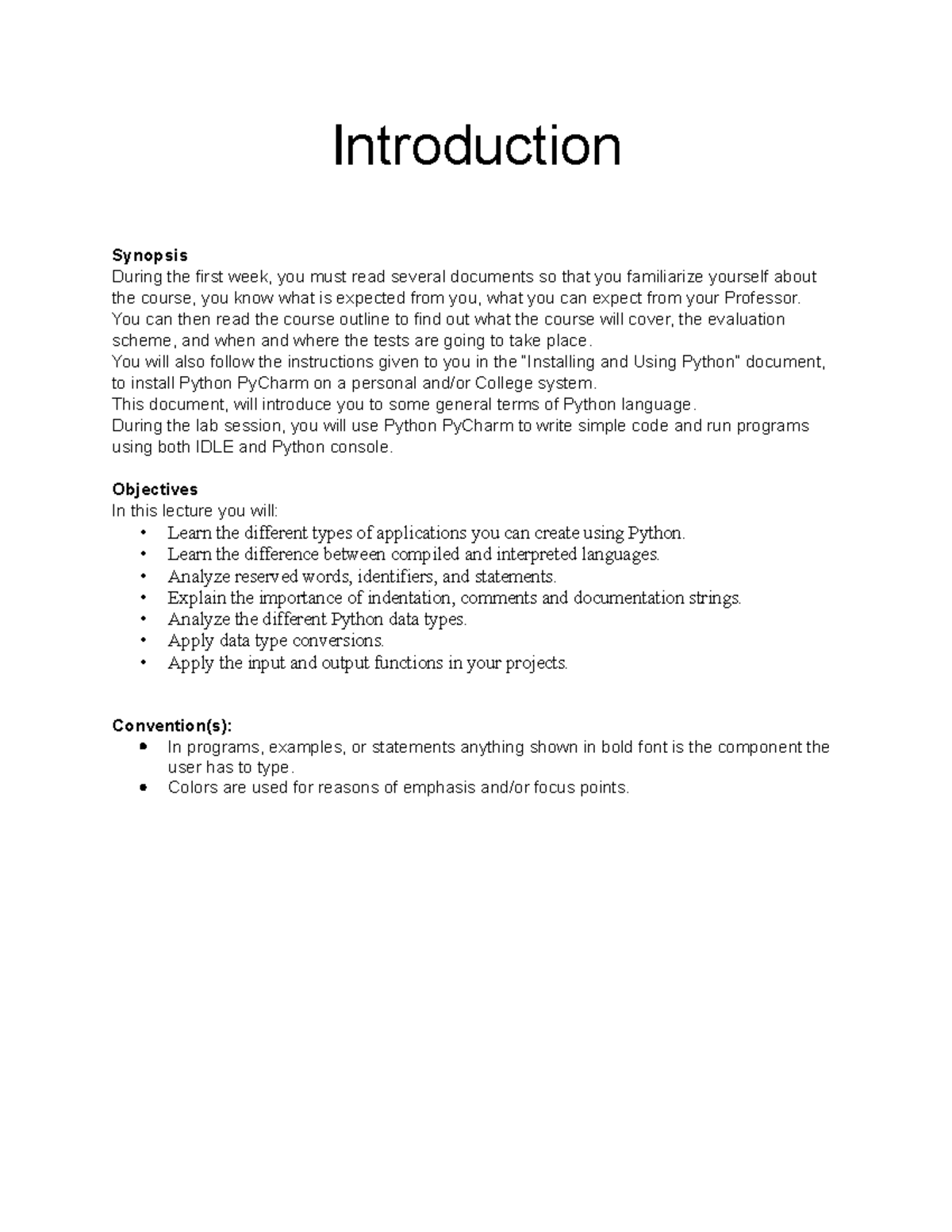 Lecture 1 - Introduction - input - output - Introduction Synopsis ...