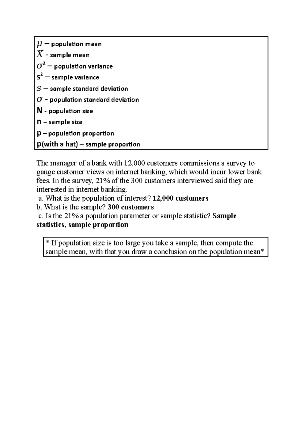 Data analysis notes - 휇 – population mean 푋̅ - sample mean 휎 2 ...