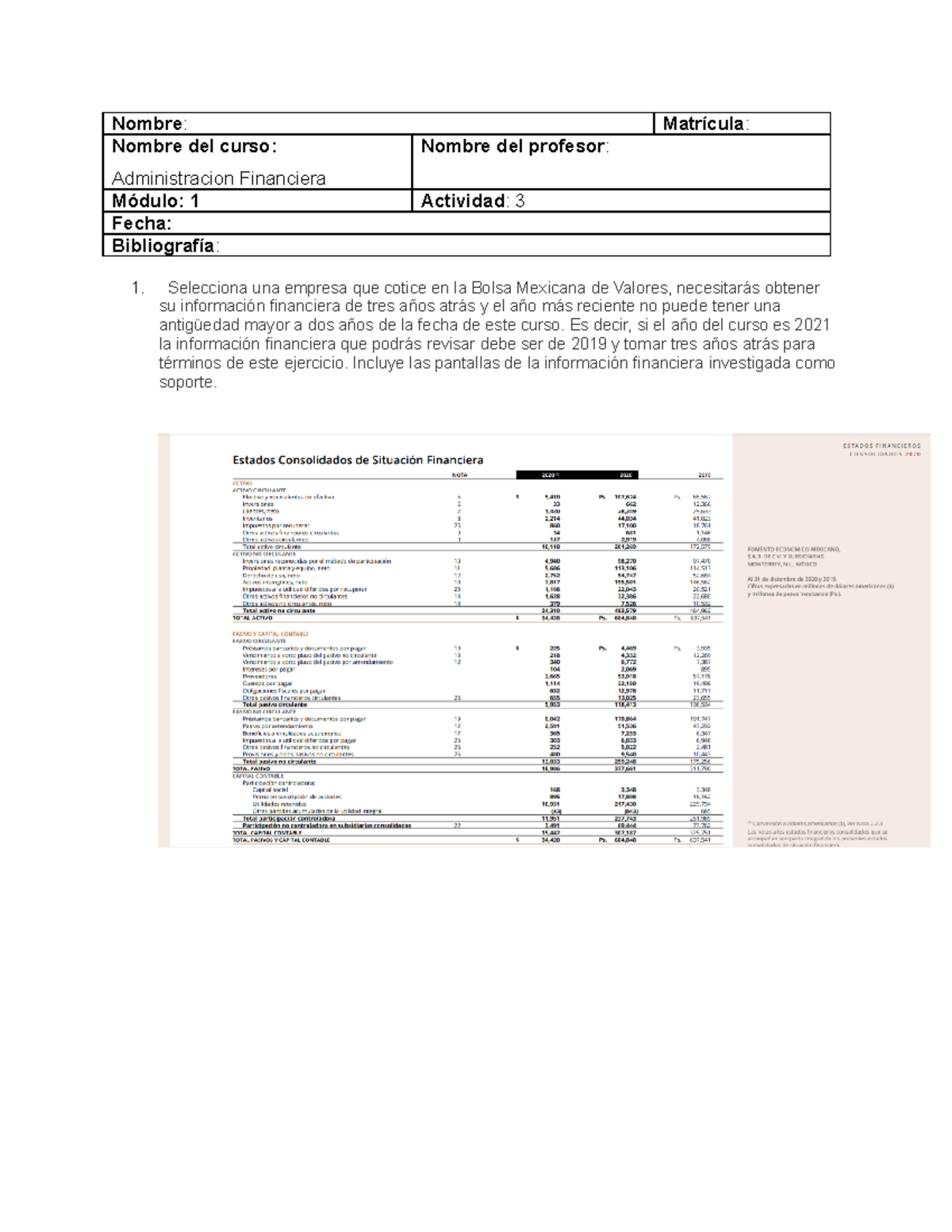 Actividad 3 Administracion financiera - Nombre : Matrícula : Nombre del ...