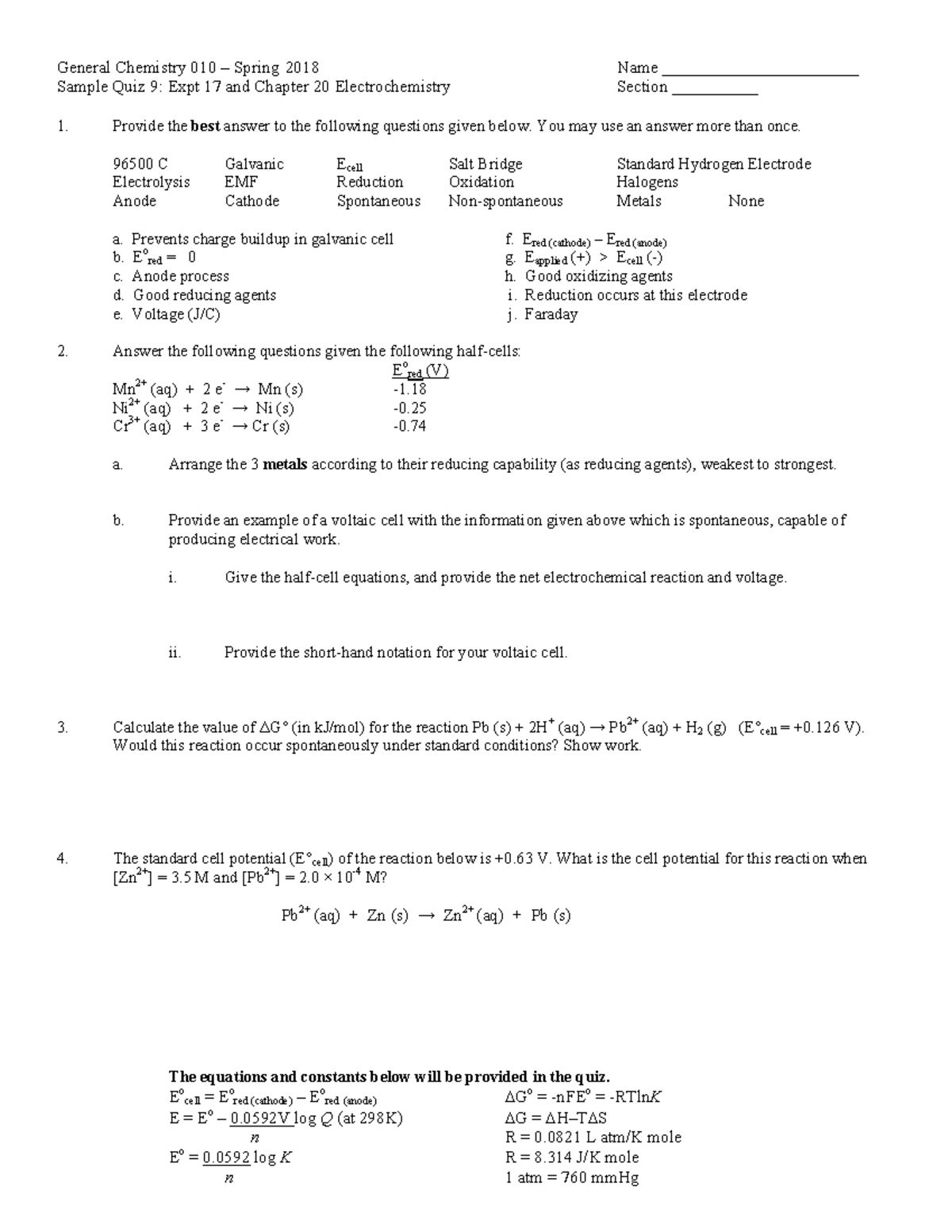 Sp18 Sample Quiz 9 - Electrochemistry - General Chemistry 010 – Spring ...