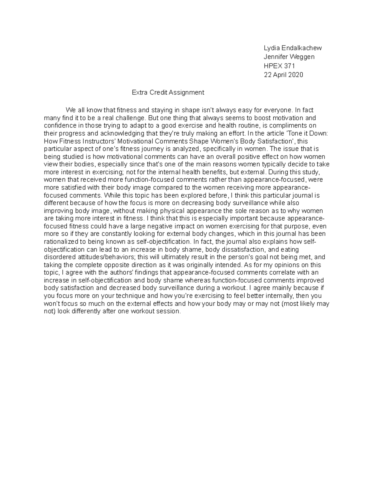 Extra Credit Assignment - Lydia Endalkachew Jennifer Weggen HPEX 371 22 ...